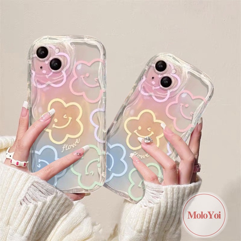 Cartoon Smiley Fresh Flowers Holder Bracket Case Compatible for IPhone 7 6 8 6s Plus XR X XS Max 11 14 13 12 Pro Max SE 2020 3D Wavy Curved Edge INS Korean Colorful Graffiti Cover