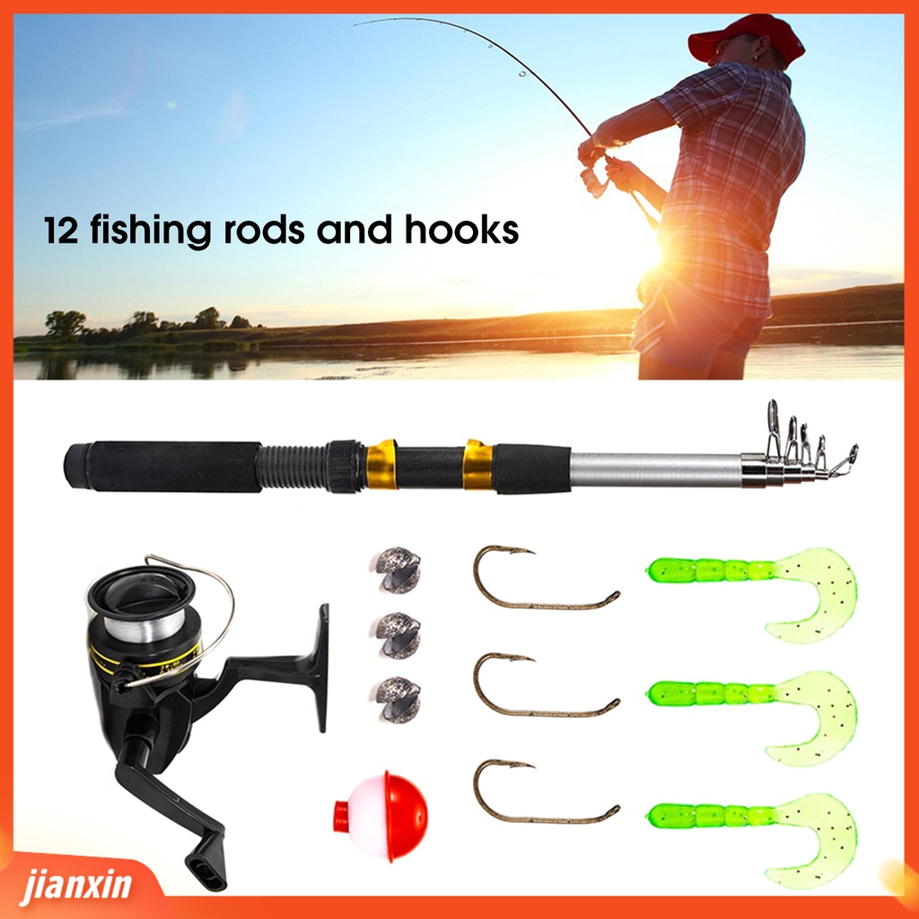 (In Stock) 12Pcs /Set Alat Pancing Tahan Aus Lengkap Compact Portable Fishing Rod Lures Spincast Reel Combo Fishing Tackle