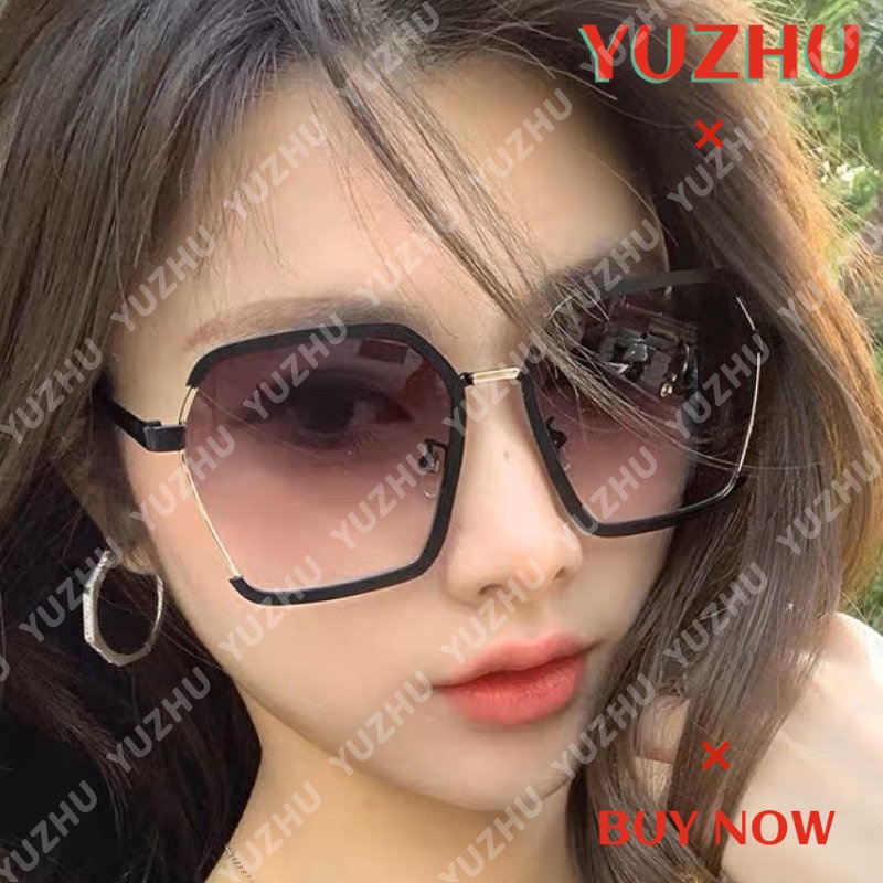 (YUZHU) Korean Fashion Oversized Frame Sunglasses Kacamata Bingkai Persegi Logam Poligonal Untuk Wanita