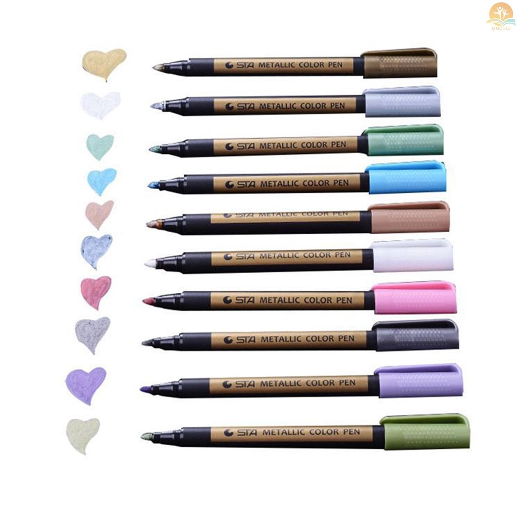 In Stock 10warna Set Penanda Metalik Cat Akrilik Penanda Seni Berbasis Air Ujung 2mm Cepat Kering Tidak Beracun Untuk Lukisan Batu Kertas Hitam Scrapbooking Kerajinan Keramik Kaca Batu Graffi