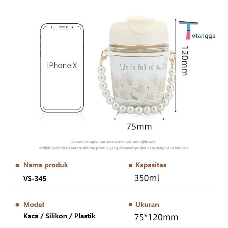 Botol Minum Aesthetic / Tumbler Kaca / Botol Lucu Tali Mutiara VS-345