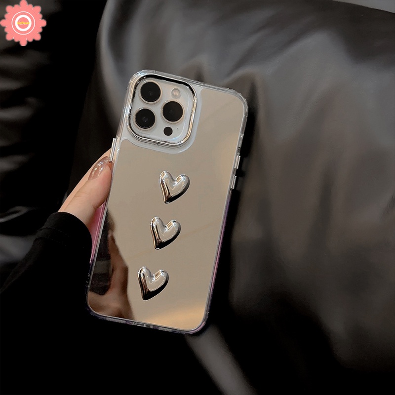 IPHONE Case Cermin Make Up 3D Stereo Silver Love Heart Kompatibel Untuk Iphone14 11 12 13 Pro Max 13 14 12 Pro Max 14 Pro 12pro 13 Pro Plating Mewah Metal Akrilik Shockproof Cover