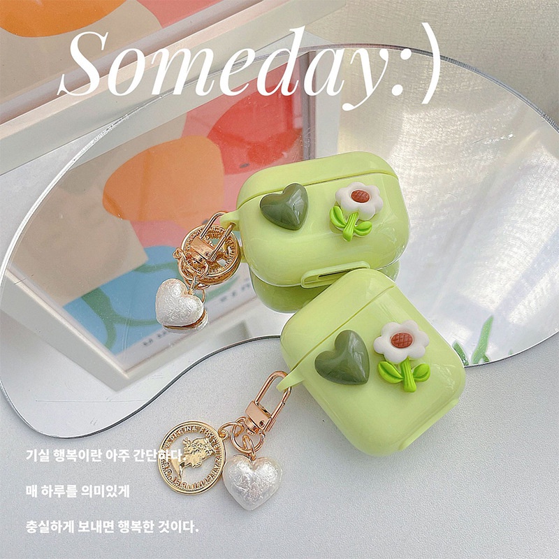 Musim Panas Hijau Muda 3D Cinta Hati Bunga Dengan Logam Berongga Liontin Bluetooth Earphone Lembut Pelindung Glossy TPU TWS Case Cover Untuk Airpods 1 2 3 PRO PRO2