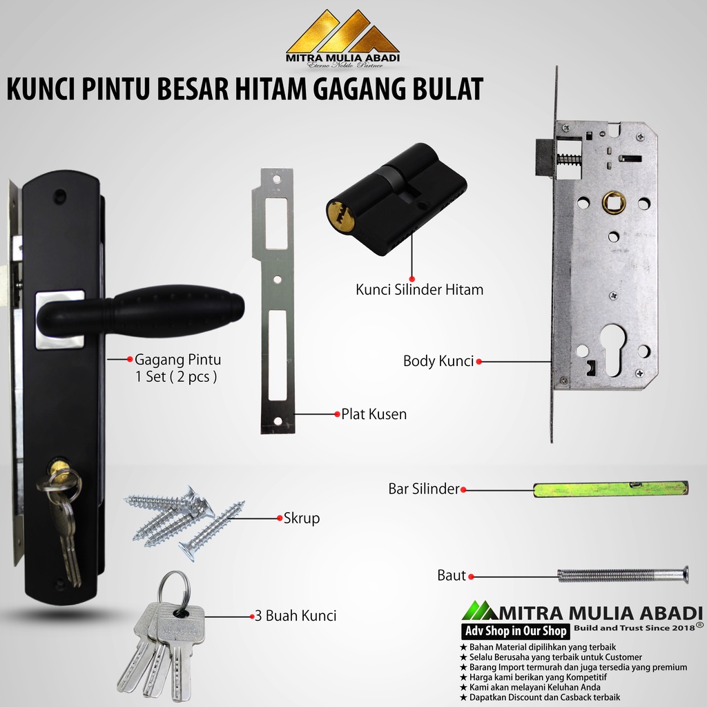 KUNCI PINTU BESAR HITAM KOTAK GAGANG BULAT / HANDLE PINTU / KUNCI PINTU HITAM