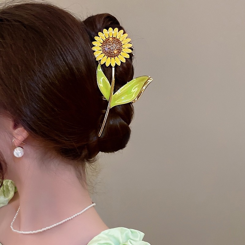 Elegan Besar Fashion Manis Drop Minyak Rambut Cakar Pesta Rambut Korea INS Gaya Populer Berlian Imitasi Mengkilap Bunga Matahari Rambut Klip Halus Ponytail Holder Besar Hiu Klip Hiasan Kepala