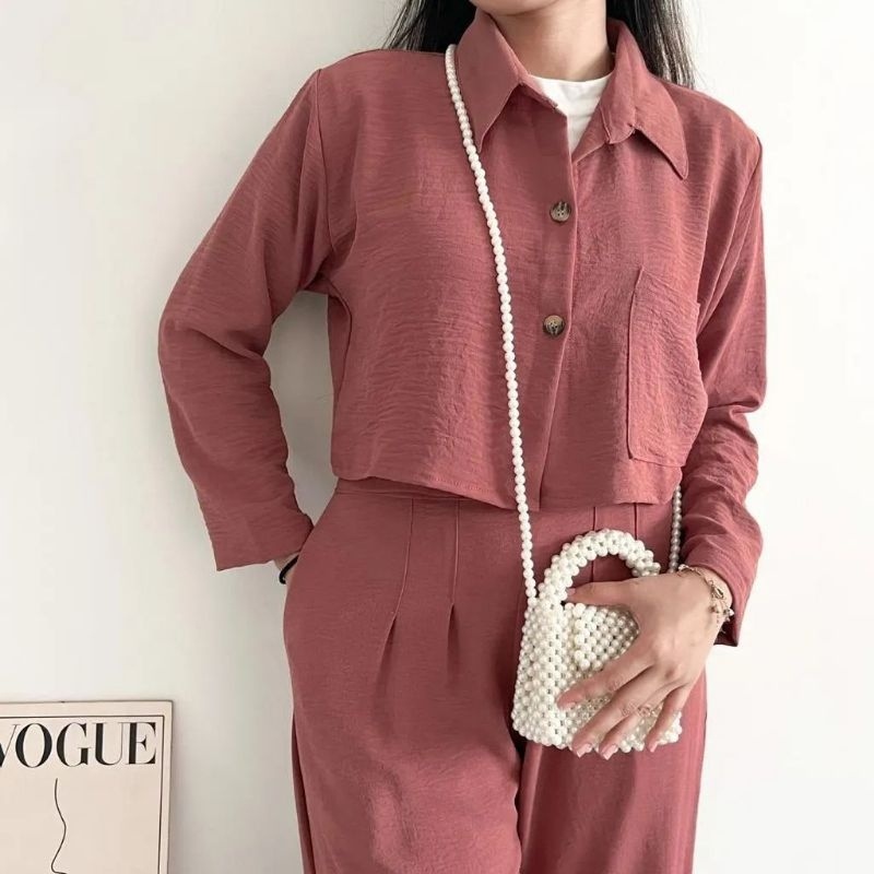 STELAN WANITA ONESET CROP CRINKLE/KEMEJA ONE SET CRINGKLE/ONE SET BLEZER WANITA CRINGKLE/BAJU KEMEJA