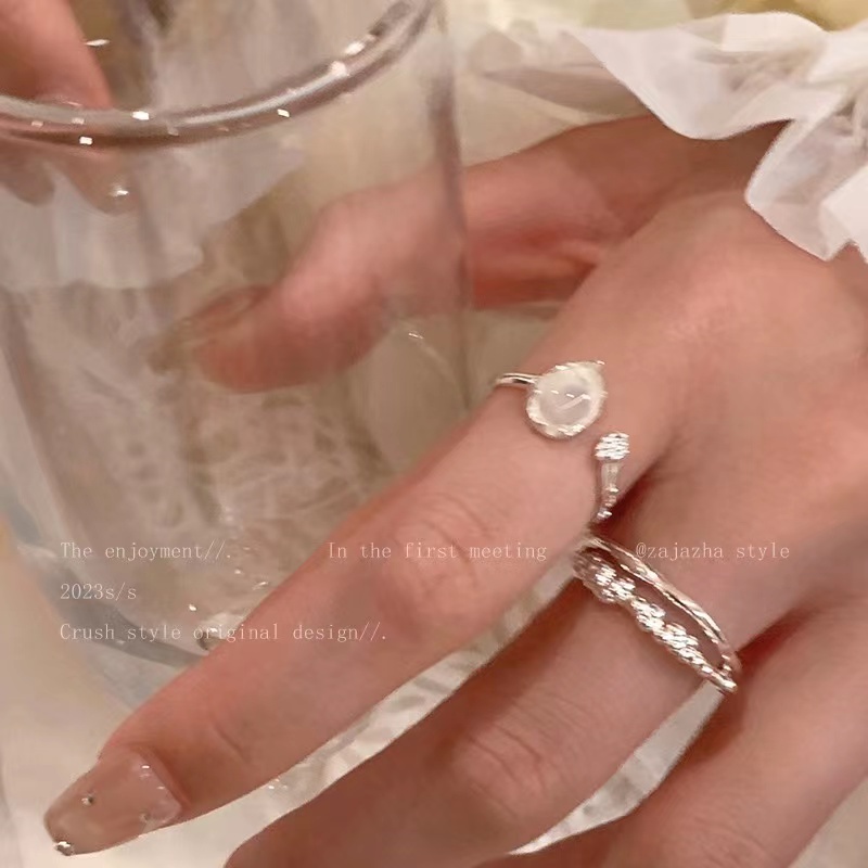 Ifyou 2pcs /Set Cincin Set Moonstone Elegan Perak Cincin Terbuka Untuk Aksesoris Perhiasan Wanita