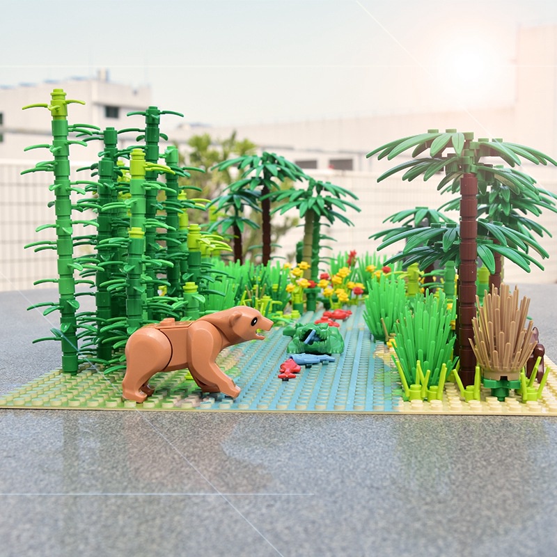 Seri Blok Bangunan Kreatif Pemandangan Hutan Hujan Tropis Aksesoris Hewan Kit DIY Scene Building Block Toys