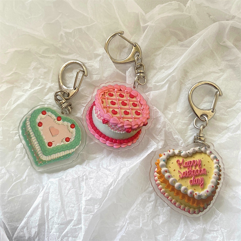 Kreatif Hati Kue Akrilik Gantungan Kunci Vintage Happy Birthday Keyrings Ransel Ritsleting Liontin Hias Aksesoris Hadiah