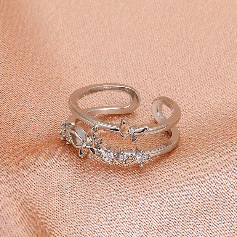 Korea S925 Sterling Perak Rose Gold Berlian Kristal Kupu-Kupu Lapisan Ganda Terbuka Cincin Untuk Wanita Fashion Tembaga Rings