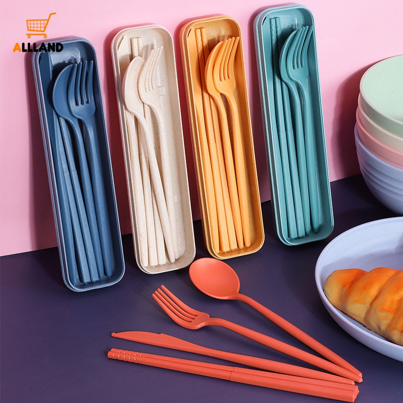 4pcs/set Ramah Lingkungan Wheat Straw Spoon Fork Chopsticks Cutlery/Kotak Peralatan Makan Portabel Travel Anak Dewasa