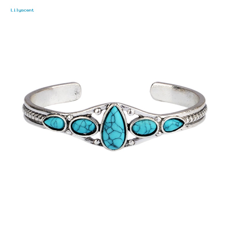 Lilyscent Hollow Out Retro Bangle Untuk Perjamuan Batu Biru Alami Retro Bangle Elegan