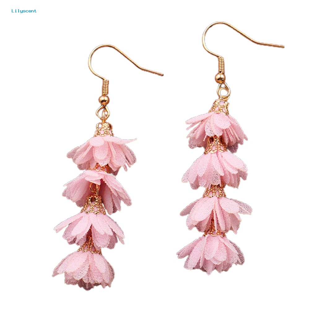 Lilyscent 1pasang Aksesori Menjuntai Anting Pesona Hadiah Kain Bunga Panjang Anting Boho Sederhana