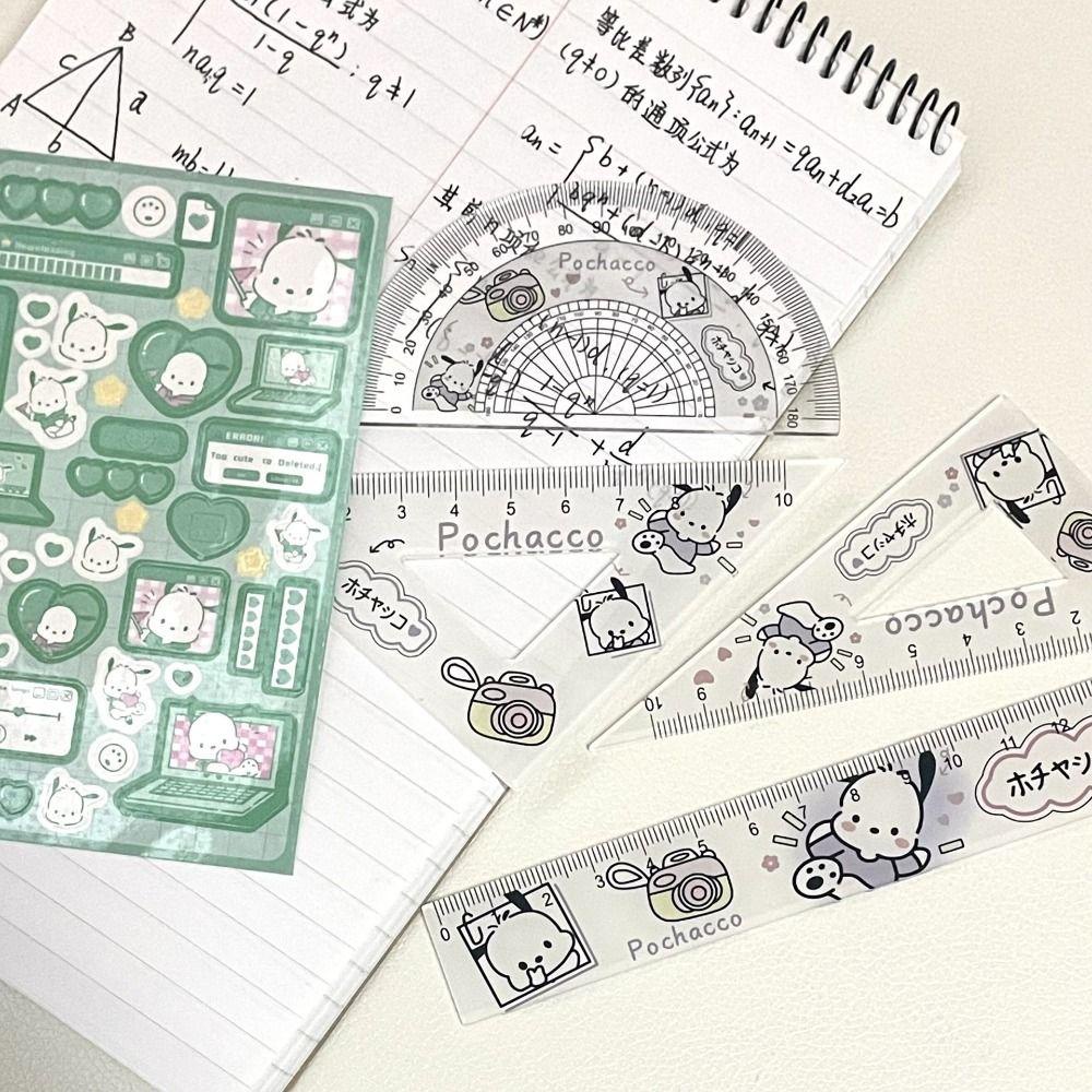 [Elegan] Penggaris Segitiga Lurus Busur Derajat Set Kawaii 4pcs/Set Kantor Lucu Pochacco Math Divideding Ruler