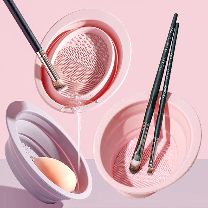 1pc Mangkok Cuci Lipat 3warna Silikon Scrubber Kecantikan Telur Makeup Brush Clean Bowl Portable Brush Wash Pad Alat Pembersih Untuk Wanita Dan Anak Perempuan