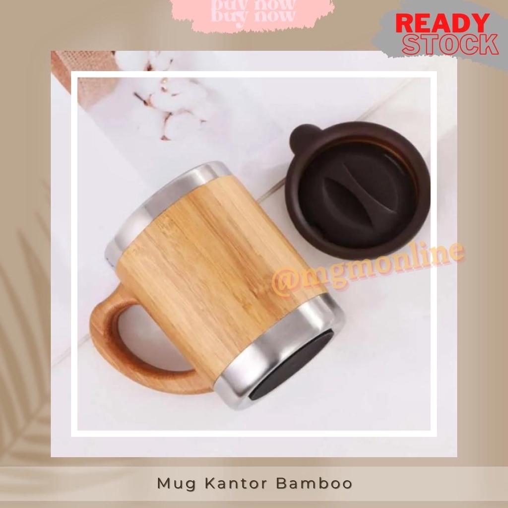 Mug Kantor stainless bamboo 400ml gelas air bambu