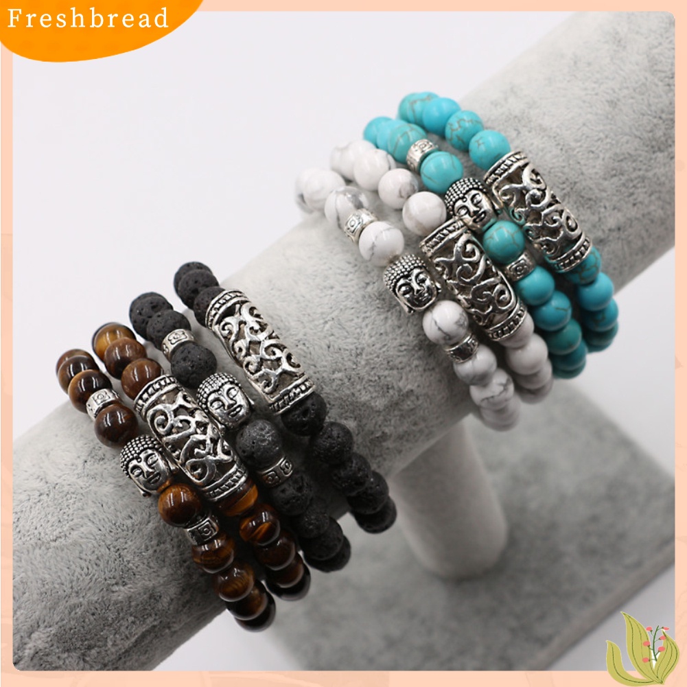 &lt; Freshbread &gt; Fashion 2 Pcs Batu Alam Yoga Perhiasan Unisex Buddha Kepala Manik-Manik Gelang Set