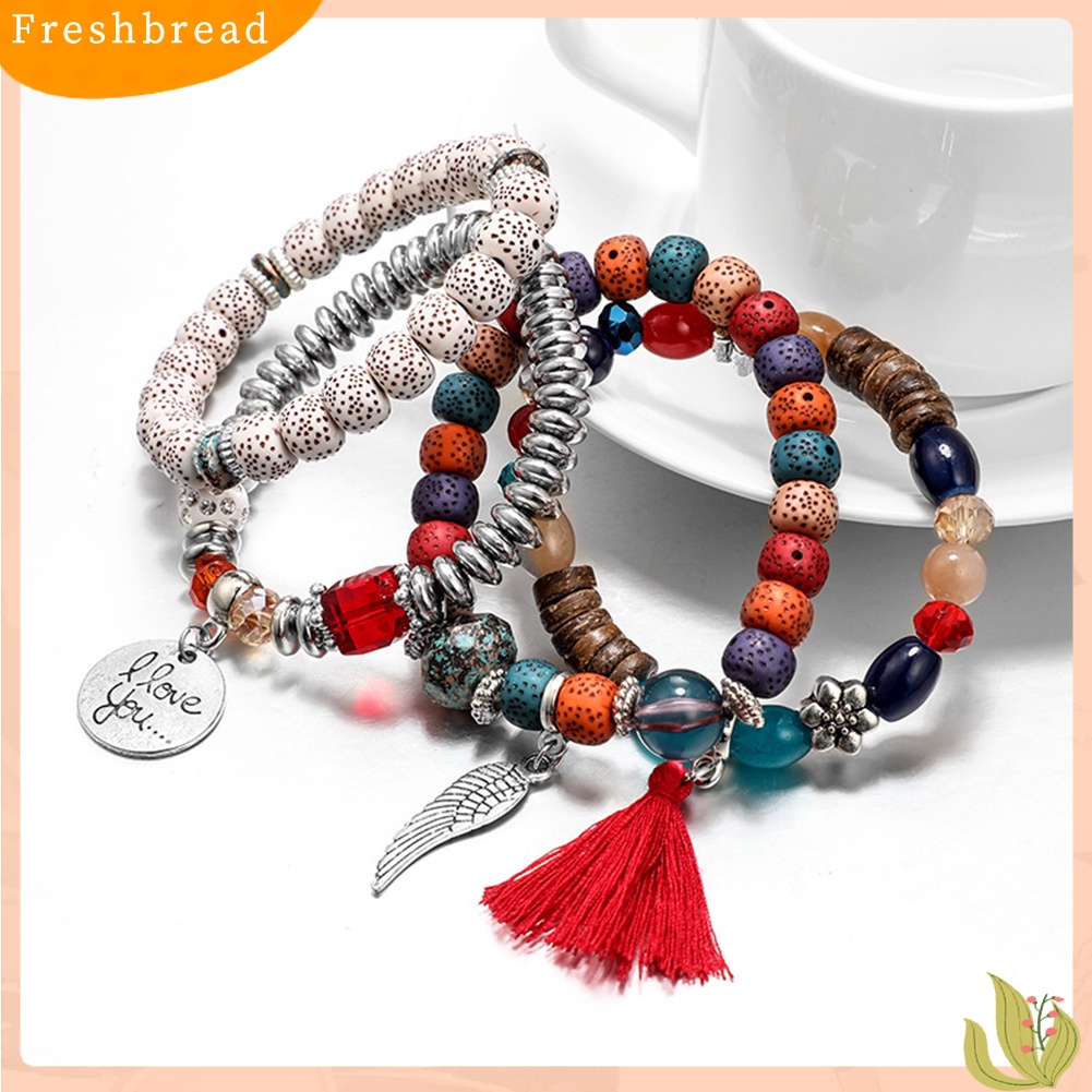 &lt; Freshbread &gt; 4Pcs/Set Gaya Bohemian Huruf Jumbai Bunga Manik-Manik Liontin Wanita Perhiasan