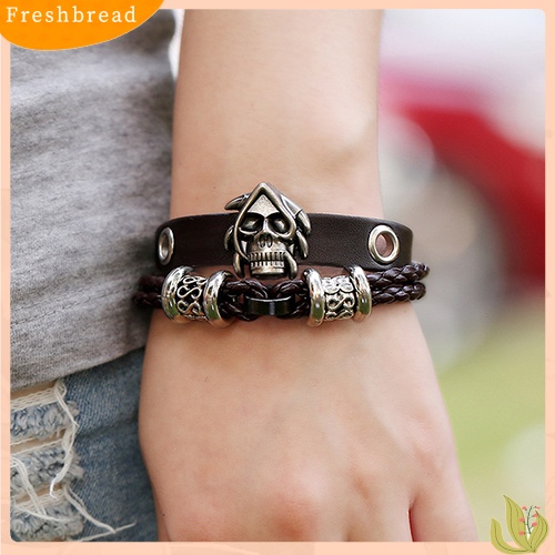 &lt; Freshbread &gt; Fashion Pria Wanita Punk Tengkorak Dikepang Kulit Imitasi Multilayer Buatan Tangan Gelang