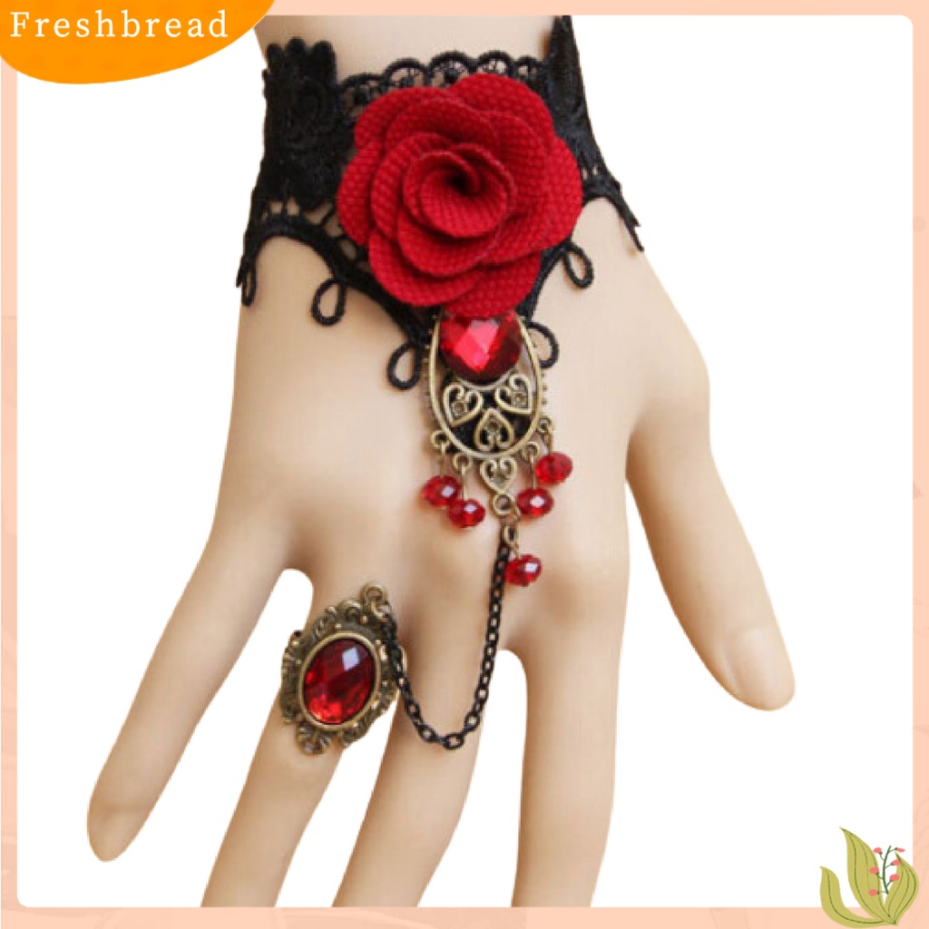 &lt; Freshbread &gt; Rose Decor Black Lace Cincin Gelang Wanita Permata Imitasi Mutiara Imitasi Cincin Tangan Rantai Perhiasan Aksesori