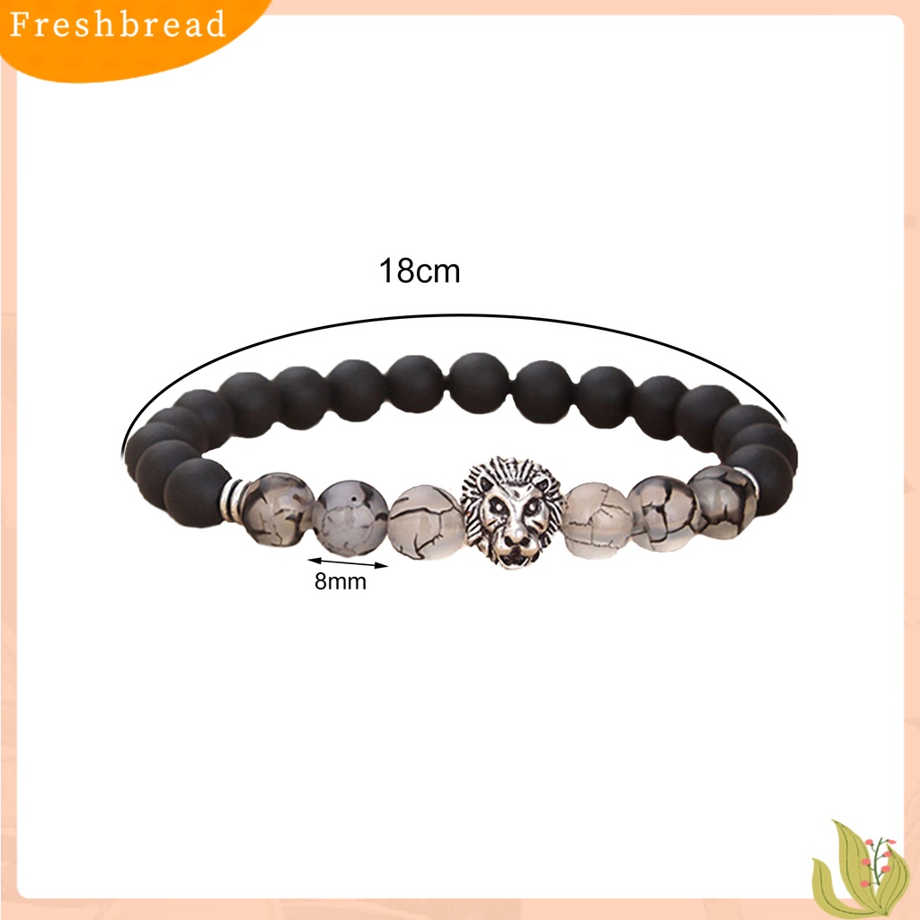 &lt; Freshbread &gt; Charm Gelang Elastis Adjustable Frosted Stone Silver Lion Beaded Cuff Bracelet Untuk Pakaian Sehari-Hari