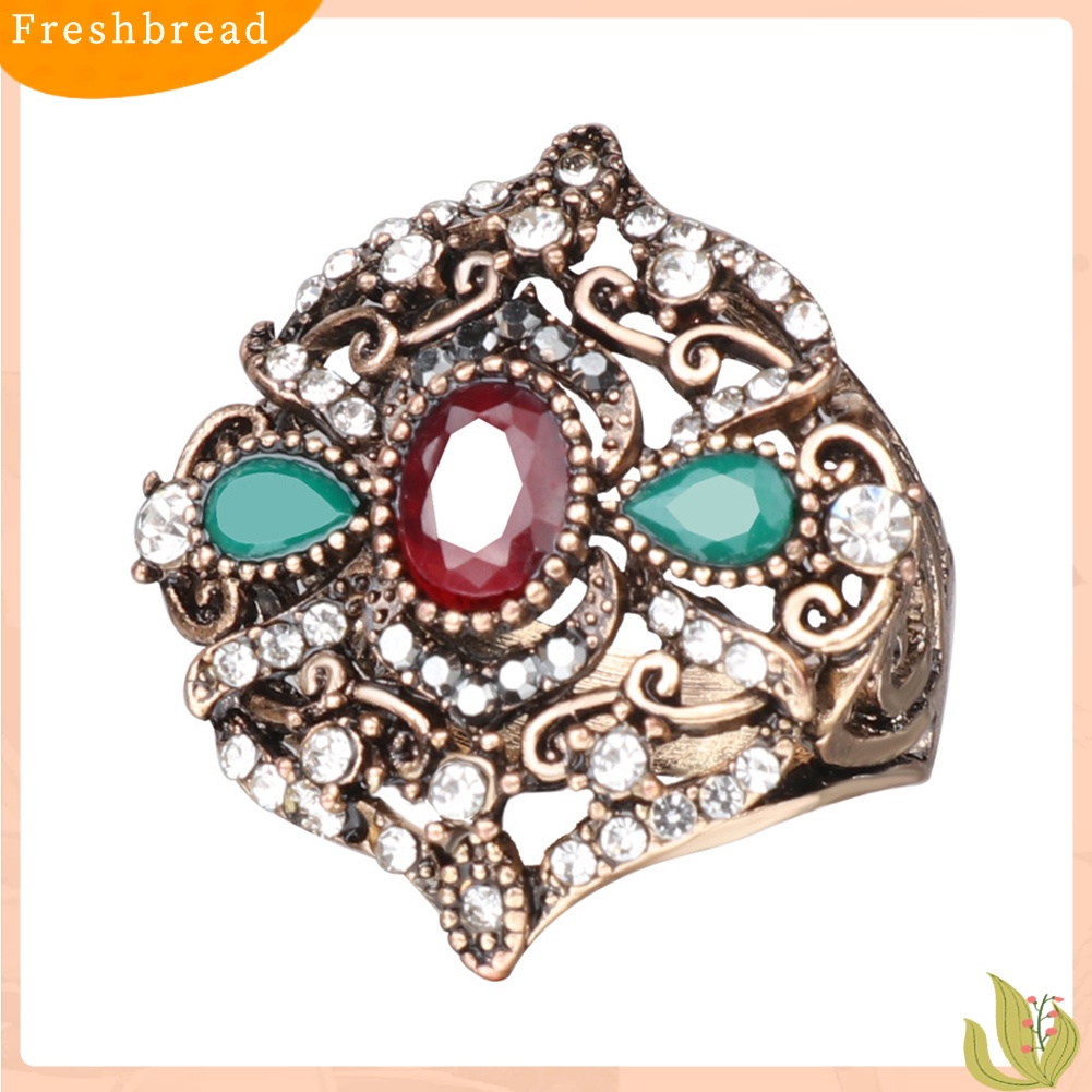 &lt; Freshbread &gt; Mewah Retro Wanita Teardrop Oval Berlian Imitasi Mengkilap Bunga Jari Cincin Perhiasan