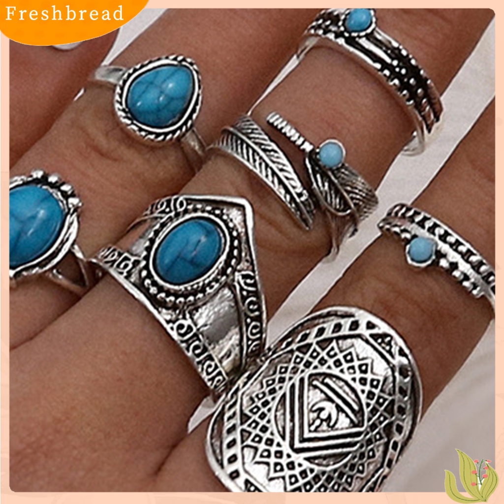 &lt; Freshbread &gt; 8Pcs Cincin Buku Jari Daun Imitasi Pirus Unisex Bohemian Stackable Finger Rings Fashion Jewelry