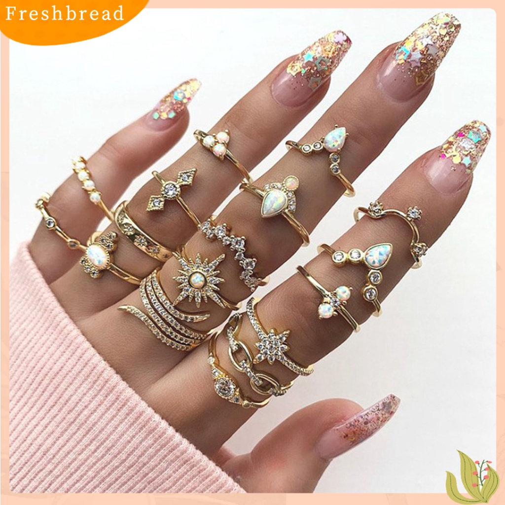 &lt; Freshbread &gt; 17 Pcs Stackable Knuckle Rings Geometris Berlian Imitasi Wanita Vintage Sparkling Finger Rings Perhiasan Aksesoris