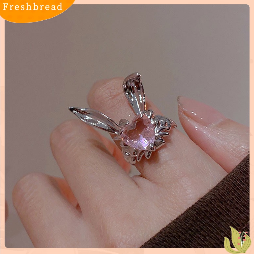 &lt; Freshbread &gt; Cincin Jari Adjustable Indah Berlian Imitasi Merah Muda Hati Indah Telinga Kelinci Wanita Jari Cincin Hadiah Hari Valentine