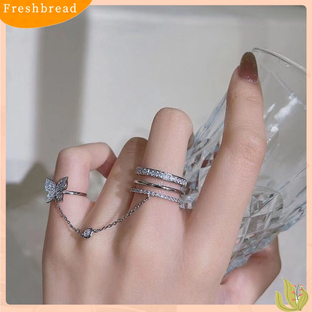 &lt; Freshbread &gt; Wanita Set Cincin Rumbai Bentuk Kupu-Kupu Berlian Imitasi Pembukaan Tiga Lapisan Terang Kilau Cincin Hadiah Ulang Tahun