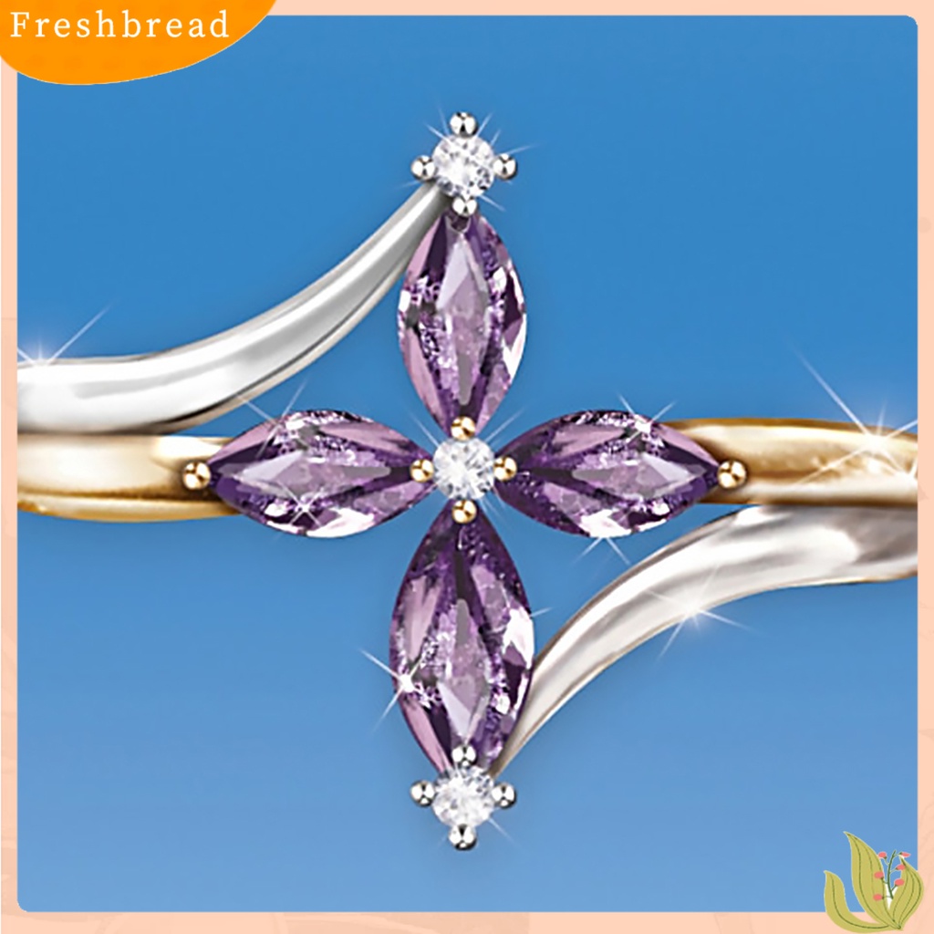 &lt; Freshbread &gt; Cincin Wanita Dual Color Hadiah Valentine Tembaga Faux Amethyst Cross Floral Ring Untuk Pesta