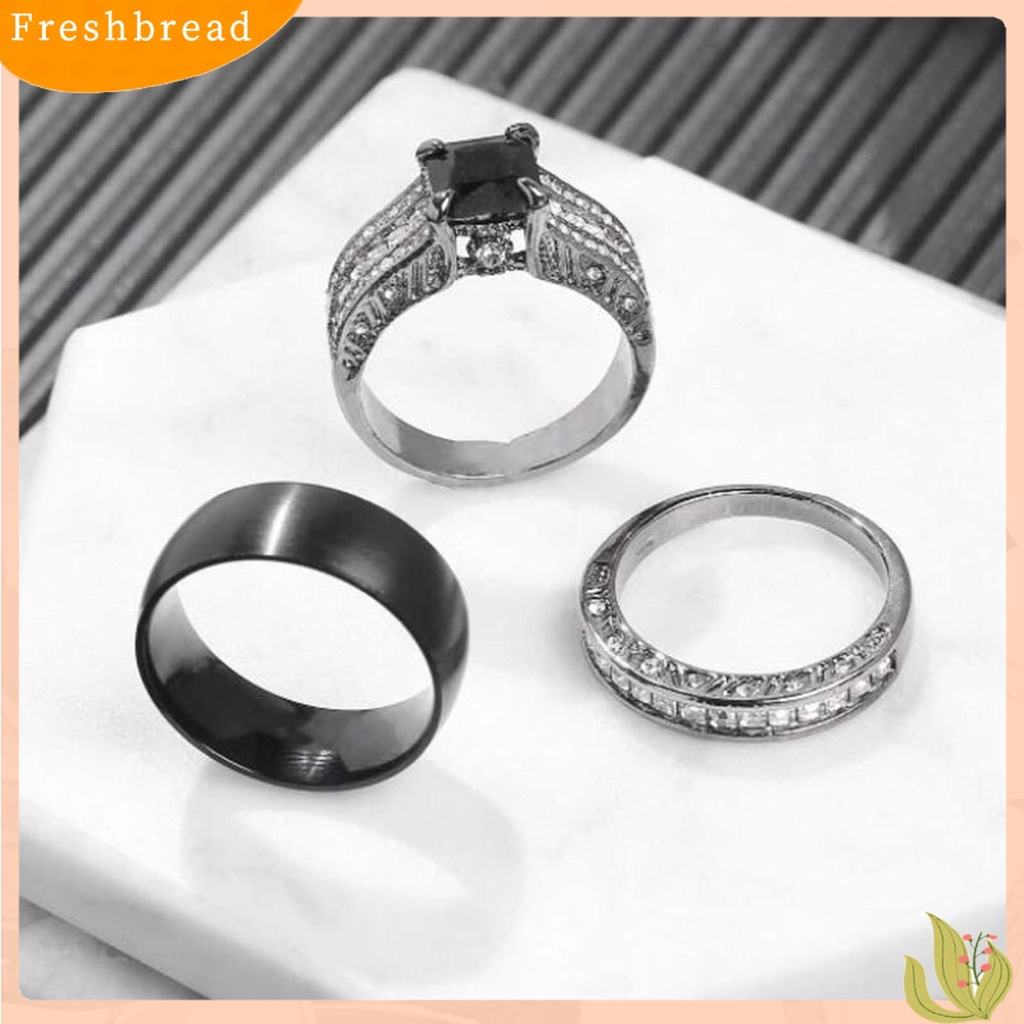 &lt; Freshbread &gt; 3Pcs/Set Cincin Pasangan Laporan Permukaan Halus Paduan Persegi Bertatahkan Cubic Zirconia Pernikahan Band Perhiasan Fashion