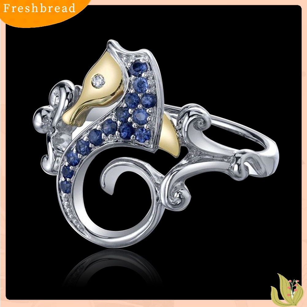 &lt; Freshbread &gt; Fashion Berlian Imitasi Biru Kuda Laut Perak Disepuh Jari Cincin Wanita Perhiasan Hadiah