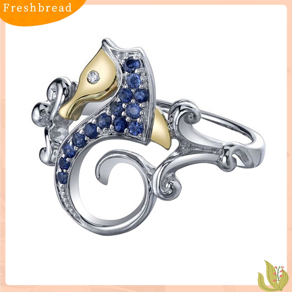 &lt; Freshbread &gt; Fashion Berlian Imitasi Biru Kuda Laut Perak Disepuh Jari Cincin Wanita Perhiasan Hadiah