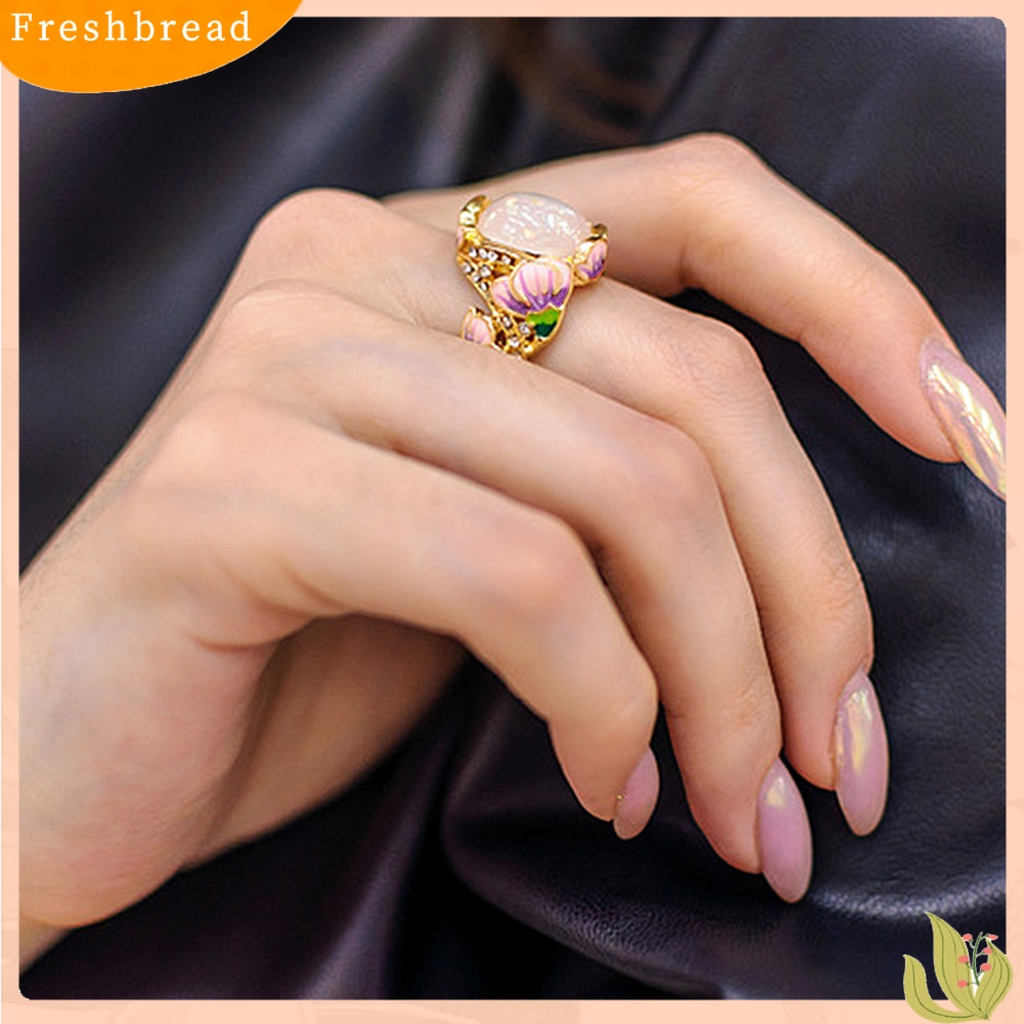 &lt; Freshbread &gt; Wanita Cincin Gaya Retro Imitasi Opal Berlian Imitasi Bertatahkan Elegan Berwarna Enamel Bunga Jari Cincin Aksesoris Perhiasan