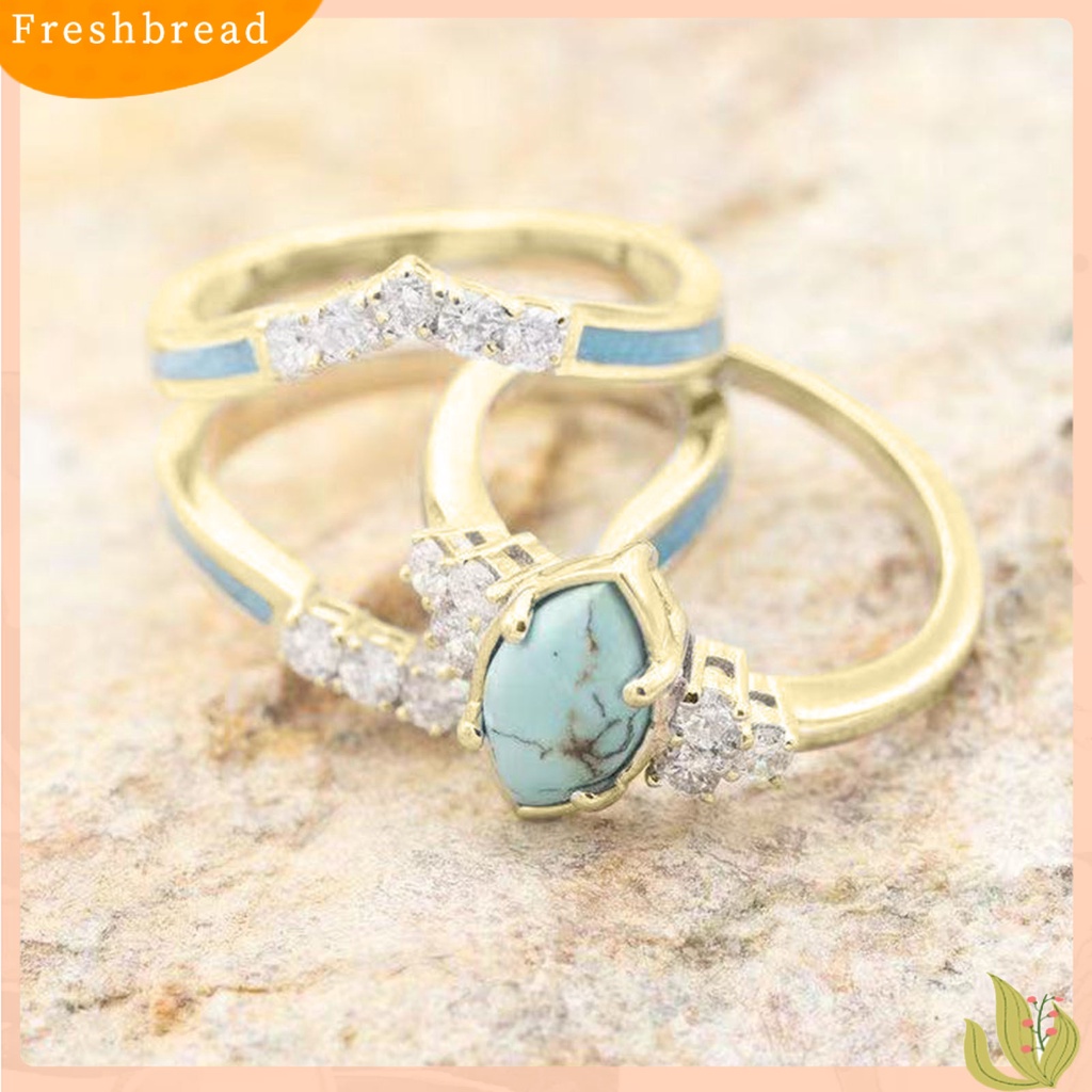 < Freshbread > 3Pcs/Set Indah Permukaan Halus Pernikahan Band Alloy Berlian Imitasi Alami Turquoise Wanita Rings Charm Jewelry
