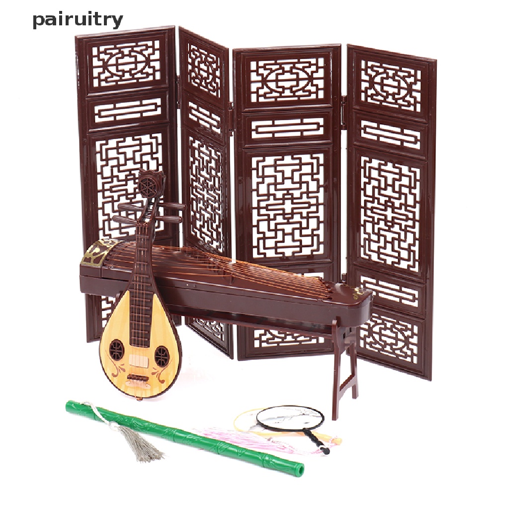 Prt Rumah Boneka Miniatur Layar Lipat Suling Lute Guzheng Kipas Ornamen Pemandangan Kehidupan PRT