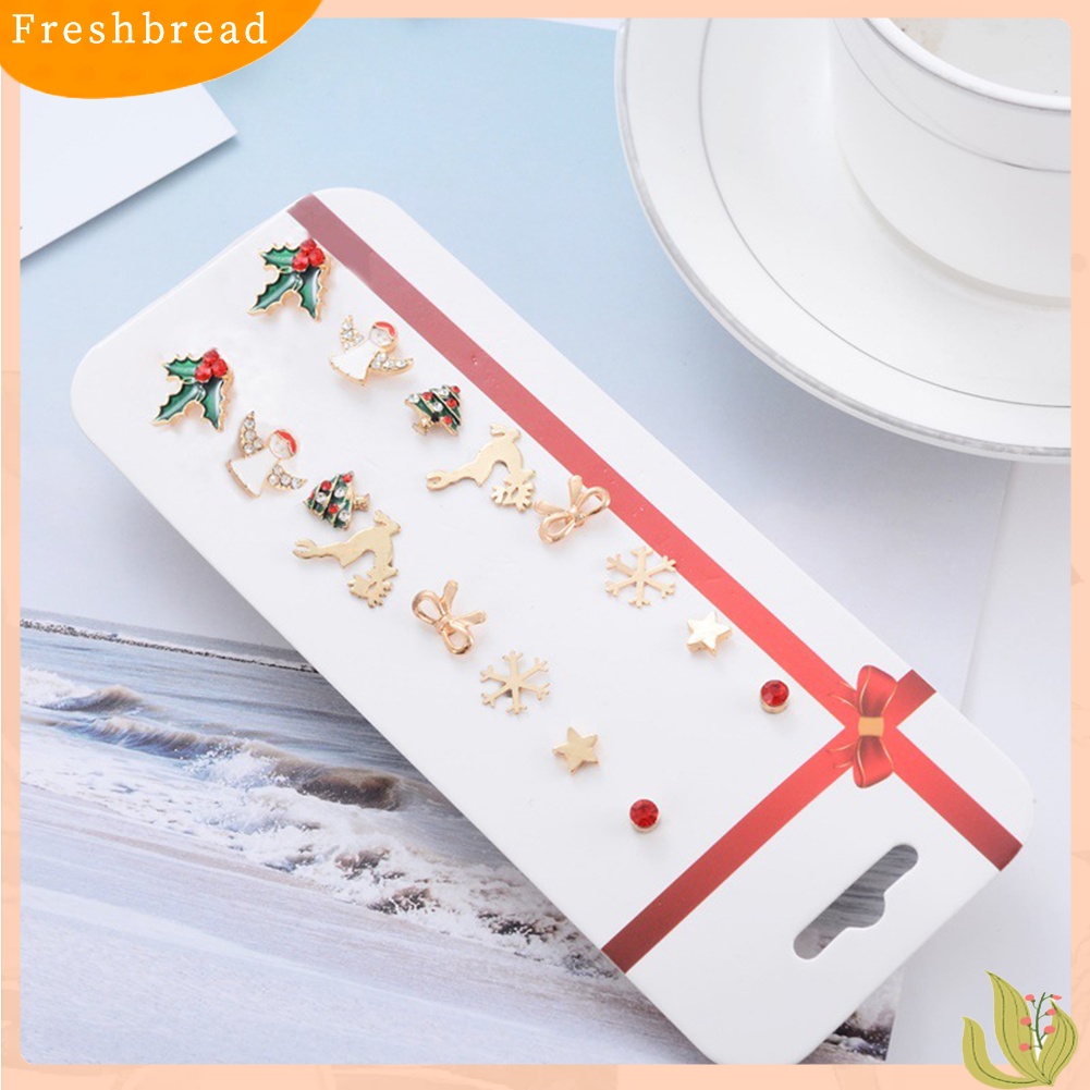 &lt; Freshbread &gt; 8pasang Pohon Natal Elk Snowflake Gingerbread Man Ear Stud Earrings Jewelry