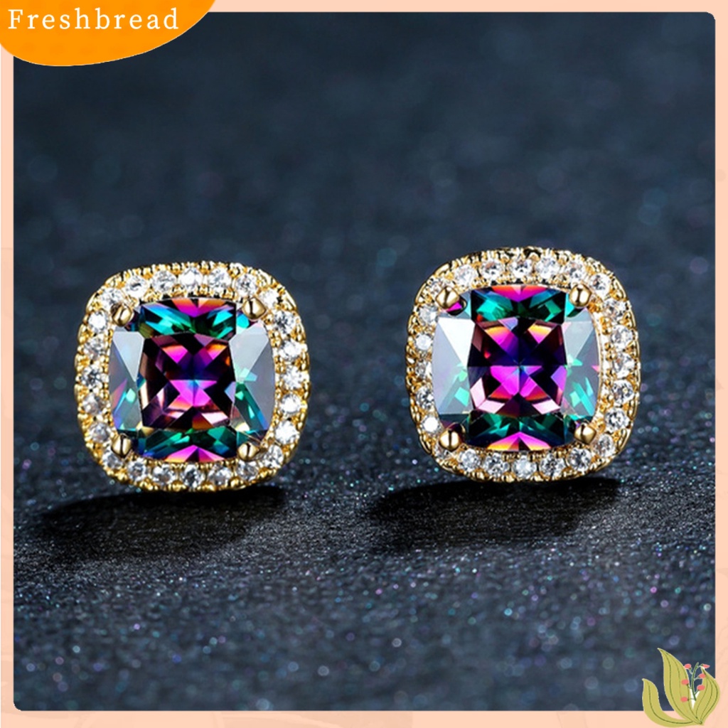 < Freshbread > 1pasang Anting Wanita Pengerjaan Halus Mewah Geometris Mata-catching Tahan Luntur Telinga Liontin Aksesori Wanita Rainbow Square Earrings Untuk Pesta