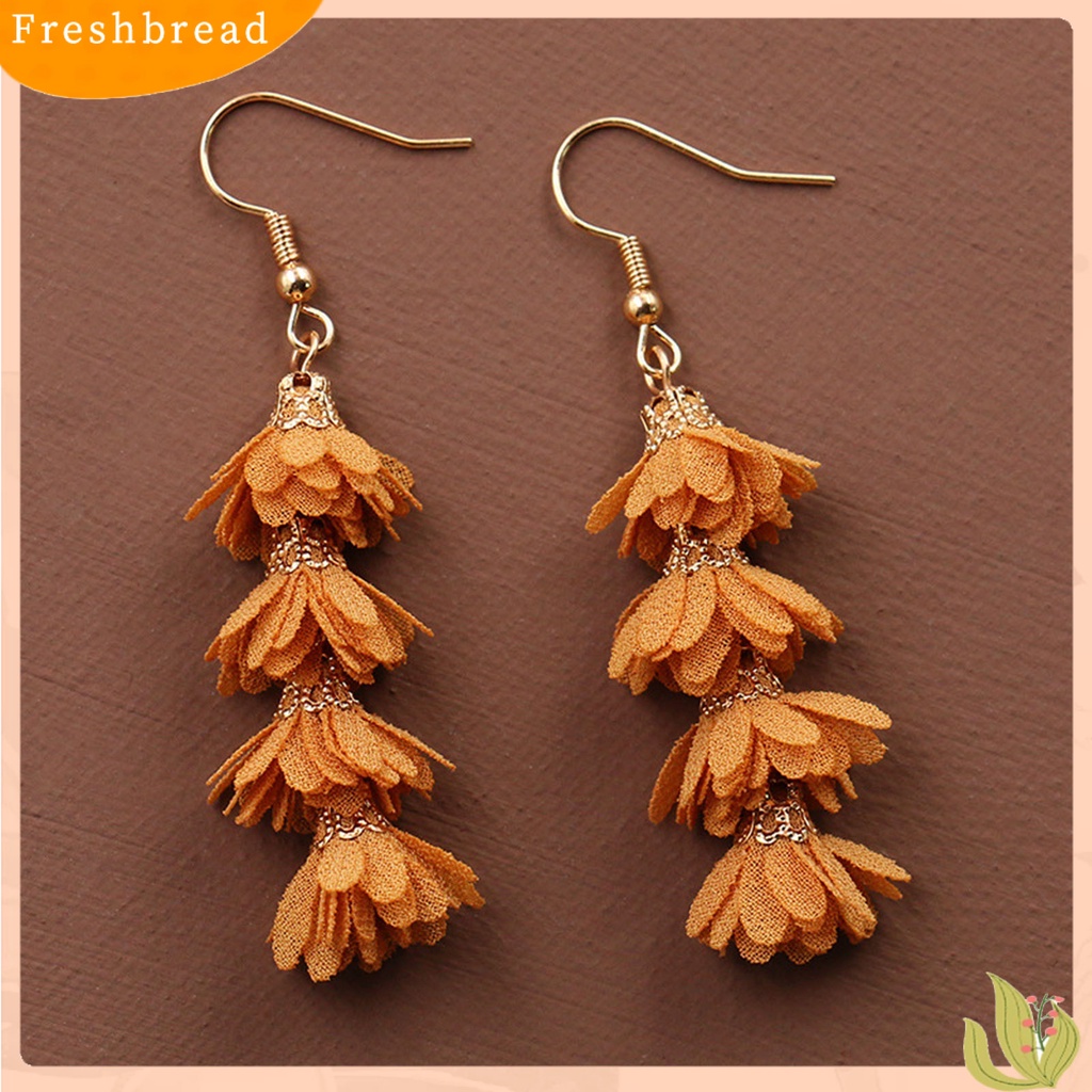 &lt; Freshbread &gt; 1pasang Tindik Multilayer Drop Earrings Kain Alloy Bunga Rumbai Kait Anting Perhiasan Hadiah