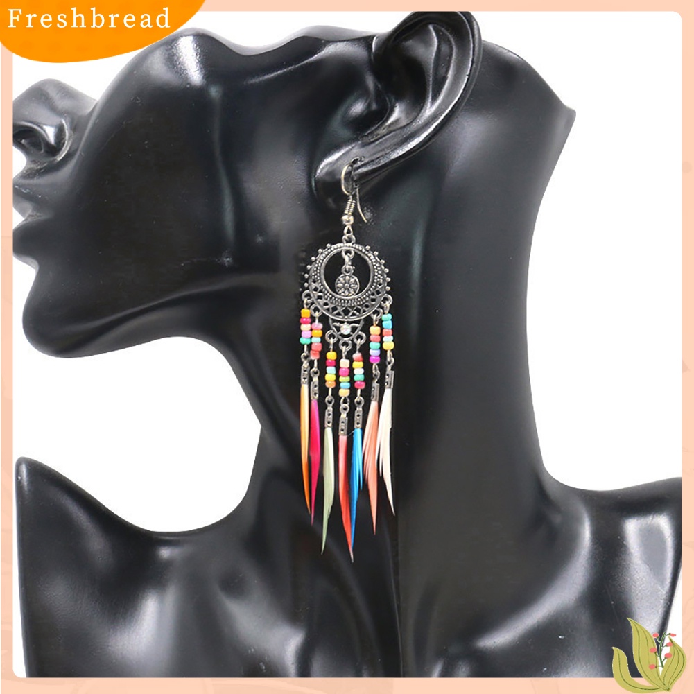 &lt; Freshbread &gt; Boho Wanita Berongga Ukir Lingkaran Bulu Rumbai Menjuntai Kait Anting Perhiasan