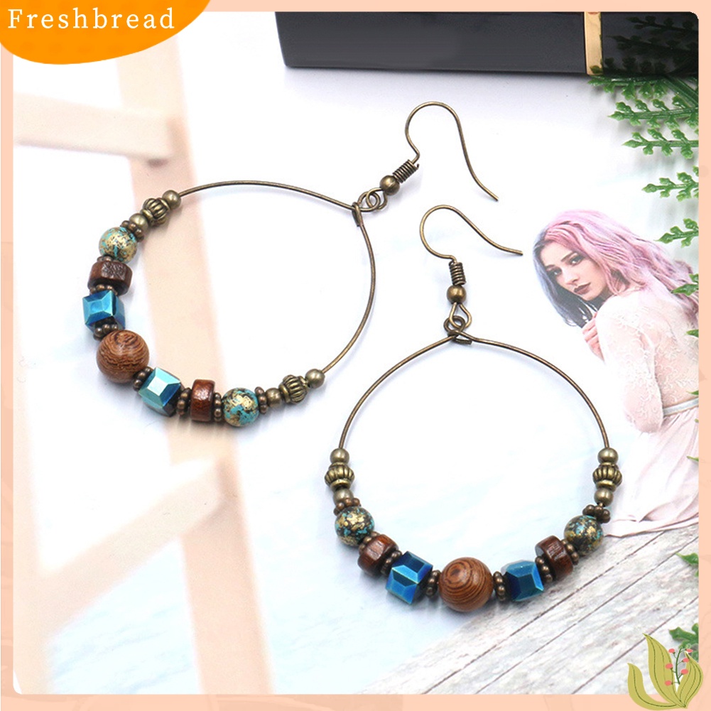 &lt; Freshbread &gt; Bohemian Lingkaran Besar Manik-Manik Kayu Kait Anting Wanita Etnik Faux Turquoise Jewelry