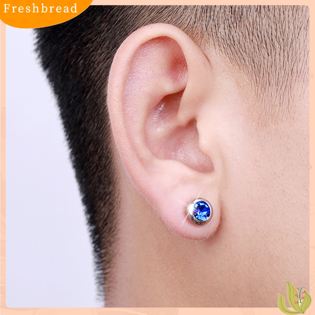 &lt; Freshbread &gt; 1pasang Ear Studs Non-Piercing ic Stainless Steel Bulat Berwarna Berlian Imitasi Tertanam Pria Wanita Anting-Anting Fashion Perhiasan