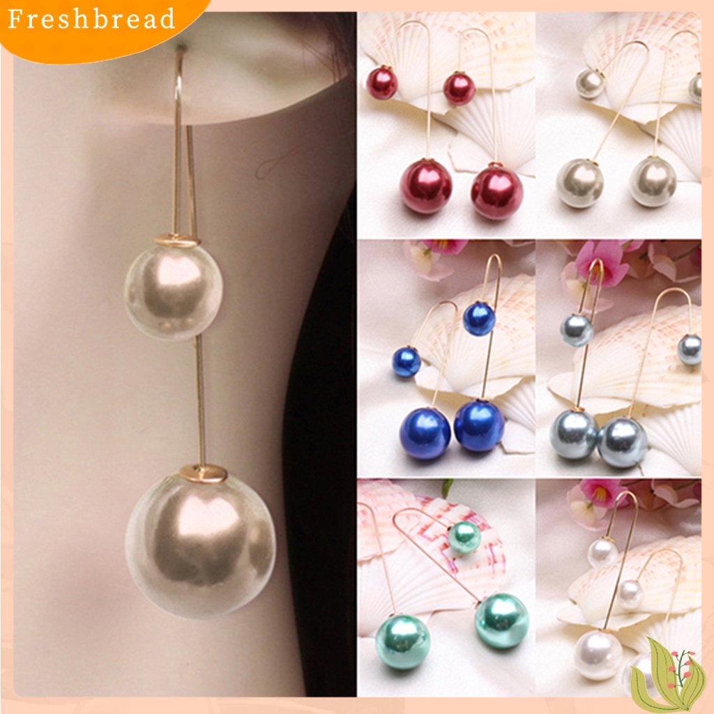 < Freshbread > Anting Bentuk U Dua Sisi Mutiara Imitasi Lapis Emas Perhiasan Telinga Menjuntai Untuk Wanita