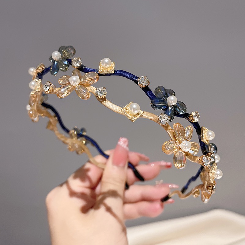 Korea Kristal Bunga Rambut Band Fashion Berlian Imitasi Mutiara Bergelombang Headband Woman Hair Accessories