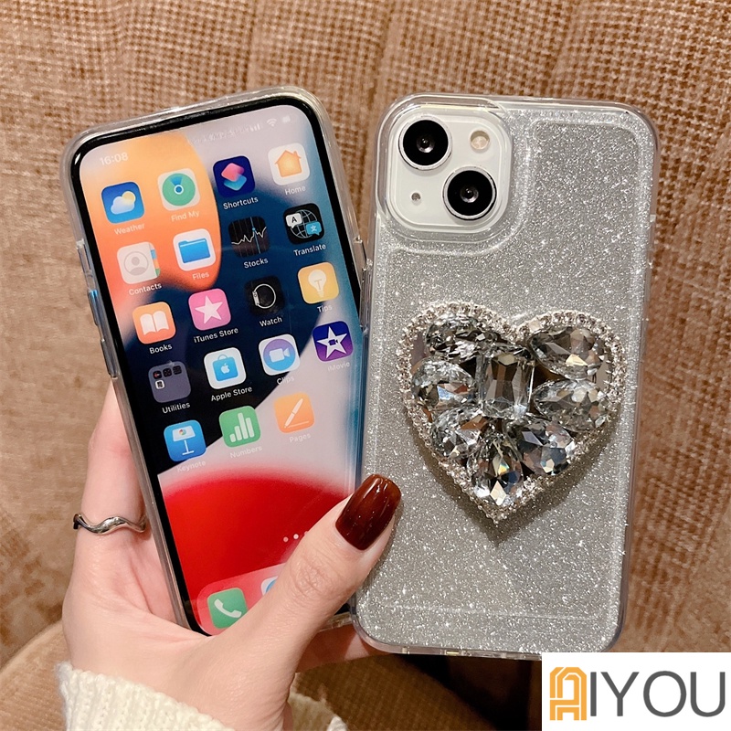 IPHONE Glitter Berlian Love Pink Stand Panas Transparan Casing Ponsel Untuk Iphone14 Pro13 12 11 Pro Max XS X XR 78 Plus Kristal Shiny Back Cover