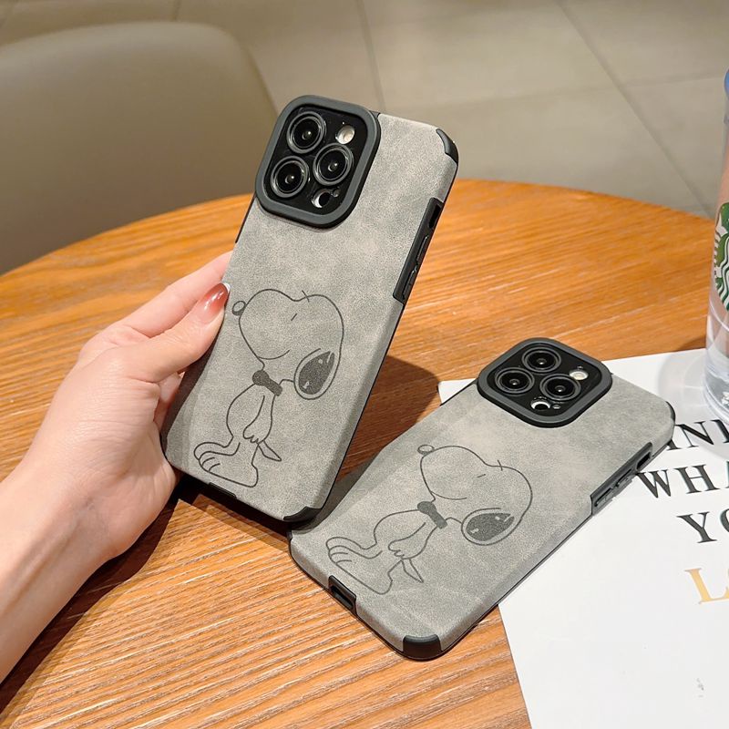 Retro suede Soft Case iP iPhone 7 8 Plus SE 2020 X XR XS Max 11 12 13 14 Pro Max 14 Plus Phone Case Camera Protect Gray Grey Cartoon Anime Snoopy