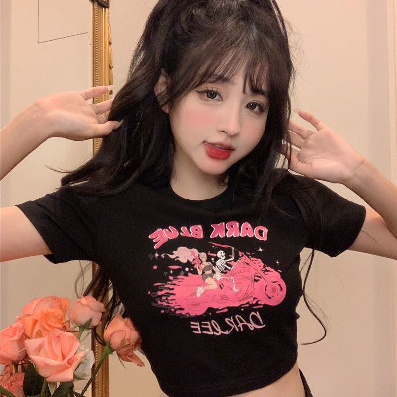 Red Musim panas chic chic cetak kartun lengan pendek t-shirt perempuan rasa desain ceruk keinginan murni hot gadis bocor pusar pendek top