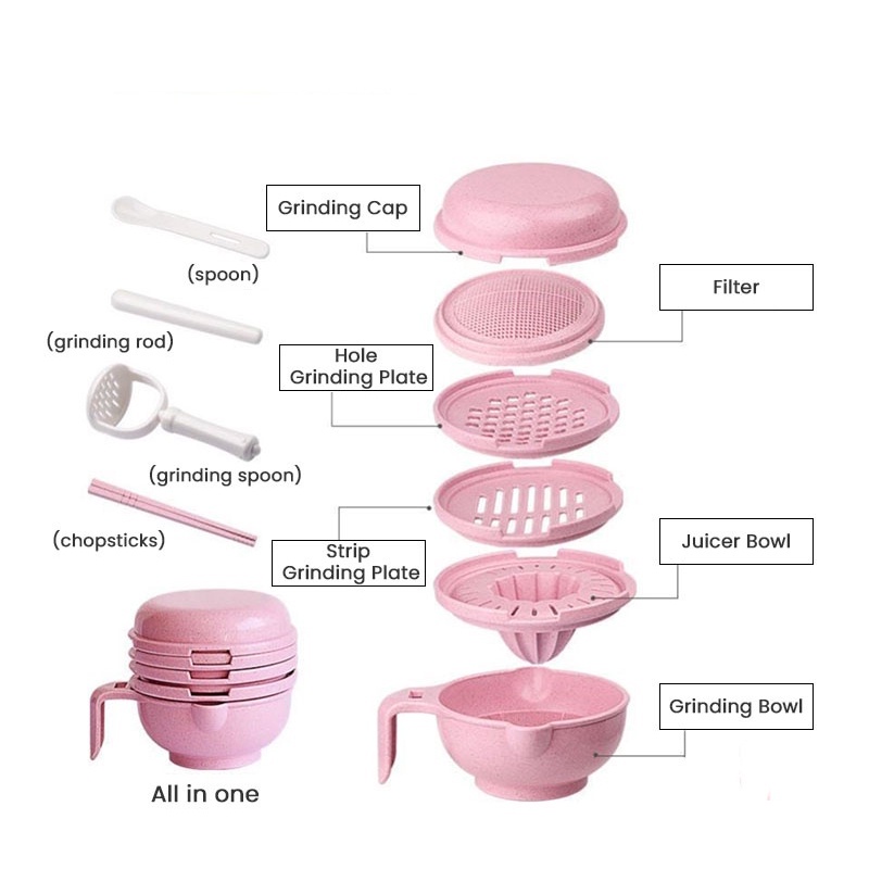 Baby Food Maker Grinding Bowl Alat Pembuat Makanan Bayi Anak MPASI Mangkok Tempat Makan Pembuat Makanan Jus Buah Bayi Manual 9 IN 1