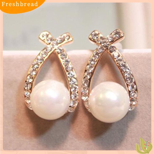 {In Stock} Women's Faux Pearl Ear Studs Earrings Cross Berlian Imitasi Hadiah Perhiasan Pernikahan